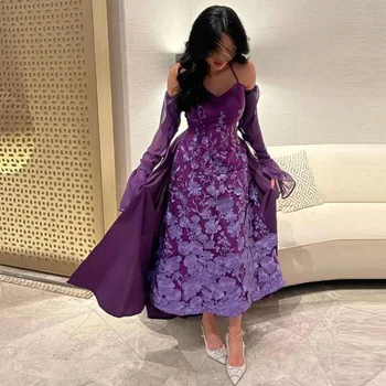Sevintage Violetinė Siuvinėjimo Nėrinių Appliques 3D Gėlės Saudo arabų Keltas Suknelės ilgomis Rankovėmis Vakare Gown Oficialų Šalis Suknelė