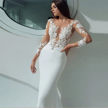 Elegantiškas Dramblio Kaulo Vestuvių Suknelės 2023 Seksualus Iliuzija Samtelis Kaklo Nėrinių Appliques Ilgomis Rankovėmis Dėmių Nuotakos Suknelė Chalatas De Mariee