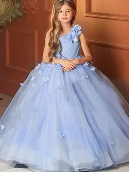 Žydros spalvos Gėlių mergaičių Suknelės, Uždusęs Vieną Petį Su 3D Gėlė Tinka Princesė Vestuves Mados Šou Chalatai