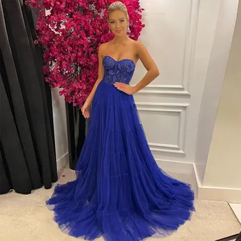 Xijun Mėlyna Pakopų Tiulio Raukiniai Prom Dresses Nėrinių Appliques Duobute Brangioji-Line Dubajaus Moterų Ilgai Vakare Gown Oficialų Suknelė
