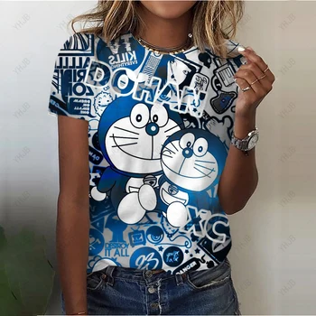 Doraemon Spausdinti moteriški marškinėliai Vasaros Y2k Streetwear Mados Mergaičių Trumpas Rankovėmis Tee O Neck T Shirt Moterims, Harajuku Viršūnės
