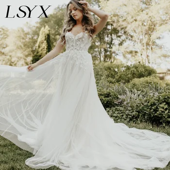 LSYX Boho 3D Gėlės-Line V-Kaklo Tiulio Rankovių Balta Vestuvinė Suknelė Spagečiai Dirželiai Backless Nuotakos Suknelė