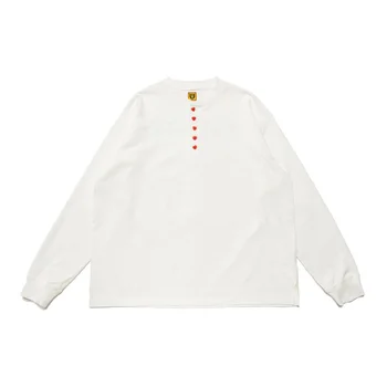 Pagamintas 23AW Japonijos Žmogaus Retro Stiliaus Henry Apykaklės Širdies Mygtuką Ilgai kuokštelinių Medvilnės Pūdymas Long Sleeve T-Shirt Vyrams Ir Moterims