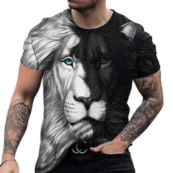 Vasaros Marškinėliai Gyvūnų Liūtas 3D Atspausdintas Trumpas Rankovės Streetwear Negabaritinių Viršūnes, Laisvalaikio Apranga, Mados Juodos ir Baltos spalvos vyriški Tee