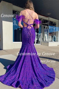 Cenove V-Kaklo Šifono Blizgančiais Oficialų Plunksnos Vakare Gown Ilgai Undinė Violetinė Naujas Šalis, Elegantiškas Suknelės Moterims 2023