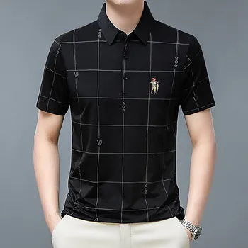 Vyriški vasarą siuvinėti polo marškinėliai, trumpas rankovėmis atsitiktinis verslo ledo polo marškinėliai pledas modelis T-shirt golfo drabužių vyrams