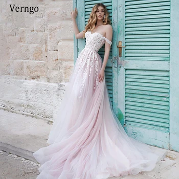 Verngo 2020 m., Elegantiška Rausvos spalvos Vestuvinė Suknelė nuo Pečių Linijos Tiulio Nuotakos Suknelė Pasakų Nėrinių Aplikacijos Korsetas Atgal Vestuvių Suknelės