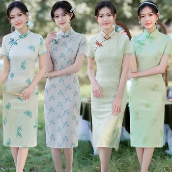 2023 Pavasario Vasaros Kinijos Cheongsam Moterų Composite Nėriniai Siuvinėjimo Stovėti Apykaklės, Retro Drabužių Qipao Moterims, Merginos