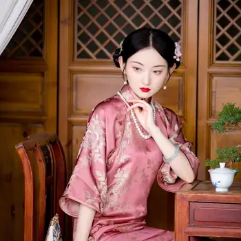 2023 naujas kinų stiliaus tradicinių didelis rankovės hanfu gėlių derliaus cheongsam suknelė elegantiškas moterys šalis padalinta rožinė qipao suknelė