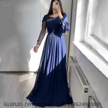 Tamsiai Mėlynos Spalvos Nėrinių Duobute Vakare Chalatai Sluoksniuotos Rankovėmis Šifono Proga Oficialus Šalies Ruched Dress-Line Prom Dresses