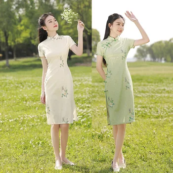 Vasaros Gėlių Embrodiery Šifono Jauna Mergina, Cheongsam Elegantiškas Retro Trumpas Rankovės Kelio Ilgis Qipao Kinijos Kasdien Suknelė