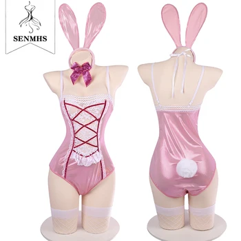 SENMHS 5vnt Cute Bunny Cosplay Kostiumų Blizgus Diržas Bodysuit Triušio Kostiumas Kawaii Anime Apranga Moterims Rožinė