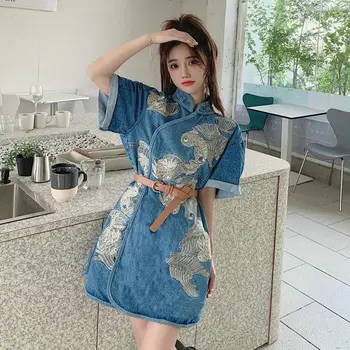 2023 kinijos vintage stiliaus trumpomis rankovėmis qipao suknelė moterims hanfu džinsinio audinio sijonas siuvinėjimo qipao suknelė atsitiktinis kasdien siuvinėjimo suknelė