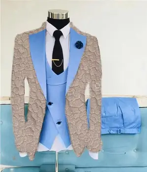 Prabanga iškilumo žakardo kostiumai vyrams mėlyna oficialią vestuvių 3 gabalas slim fit švarkas rinkiniai vyras šalis, trajes de hombre, kostiumų homme