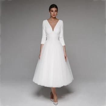 Furtanseo Elegantiškas Vestuvių Suknelės Gilia V-Kaklo, Ilgomis Rankovėmis Už Ravėjimą Šalis Suknelė 2023 Arbata-Ilgis-Line Baltas Tiulis Nuotakos Suknelės