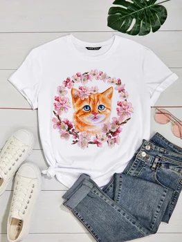 Moterų Marškinėliai Cute Kačių Animacinių Filmų Marškinėlius Ponios Harajuku T-Shirt, Derliaus Prarasti Trumpomis Rankovėmis Moteriška T-Shirt Kawaii Grafinis Drabužiai
