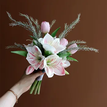 NZUK Elegantiškas Vakarų Pink Tulip Vestuvių Nuotakos Puokštės Gėlės Dirbtinio Šilko Rožes Bridesmaid, Vestuvių Aksesuarai