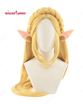 Princesė Aukso Pynė Perukai Ilgai Termiškai Atsparių Sintetinių Plaukų Cosplay Perukai +Elf Ausis