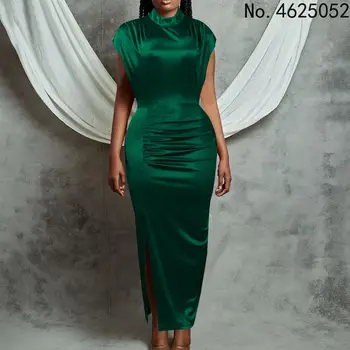 Moterų Blizga Ilga Suknelė Plisuotos Ilgai Žalia Elegantiškas Ritininės Aukštos Apykaklės Slim Fit Rankovių Maxi Rūbeliai Moterų Suknelės, Šaliai 2023 Pavasario