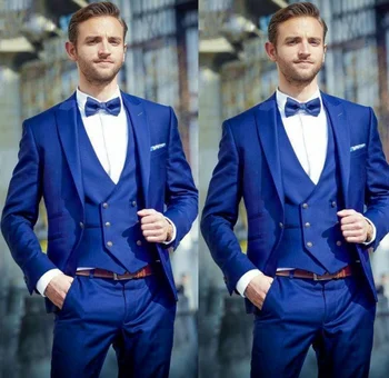 Royal Blue Mens Švarkas Homens švarkas Vyrų Terno Slim Fit Blaser Masculino Vyrų Kostiumai Kostiumų Homme Mariage( Švarkas+Liemenė+Kelnės)