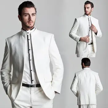 Nauja Stiliaus Baltos spalvos Jaunikis Tuxedos Mandarinų Atvartas Groomsmen Vyrų Vestuvių jaunikis dėvėti Kostiumą/custom kostiumas(Striukė+Kelnės）